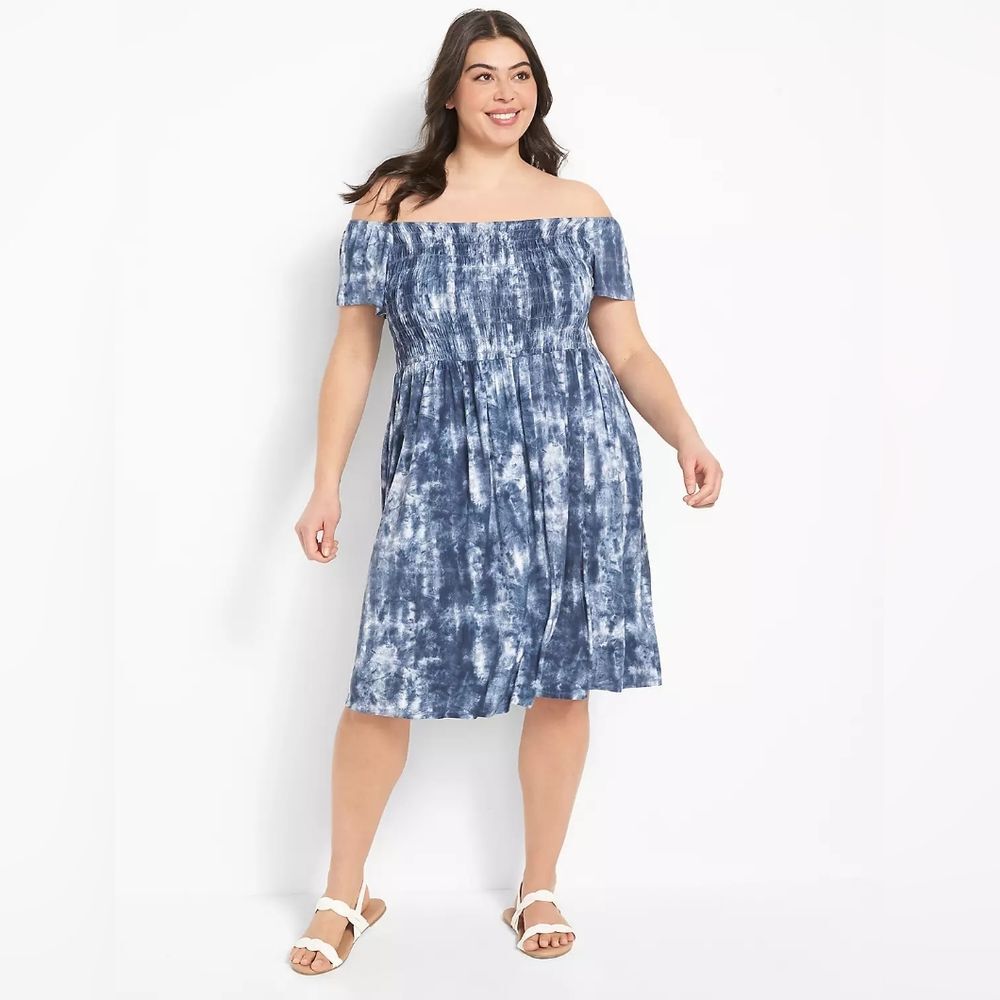 Lane Bryant Off The Shoulder Blue White Smocked Swing Dress Plus 22/24 NWT